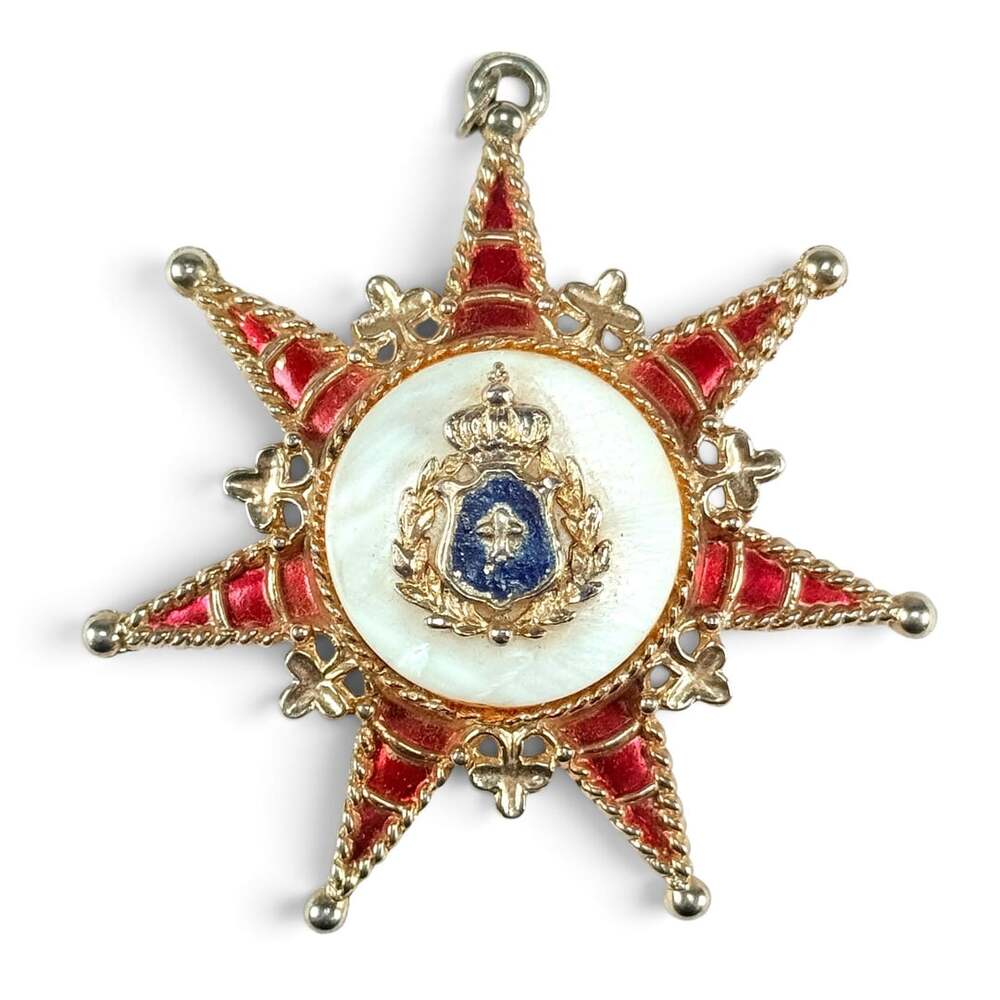 Vintage Heraldic Star Pendant – Red Enamel Mother of Pearl Crown Coat of Arms